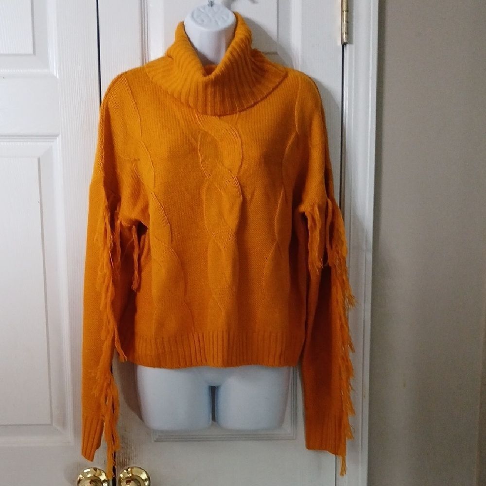 Lu  NYC Cozy Mustard Cable Knit Turtleneck Fringe Sweater  Sz XL NWT